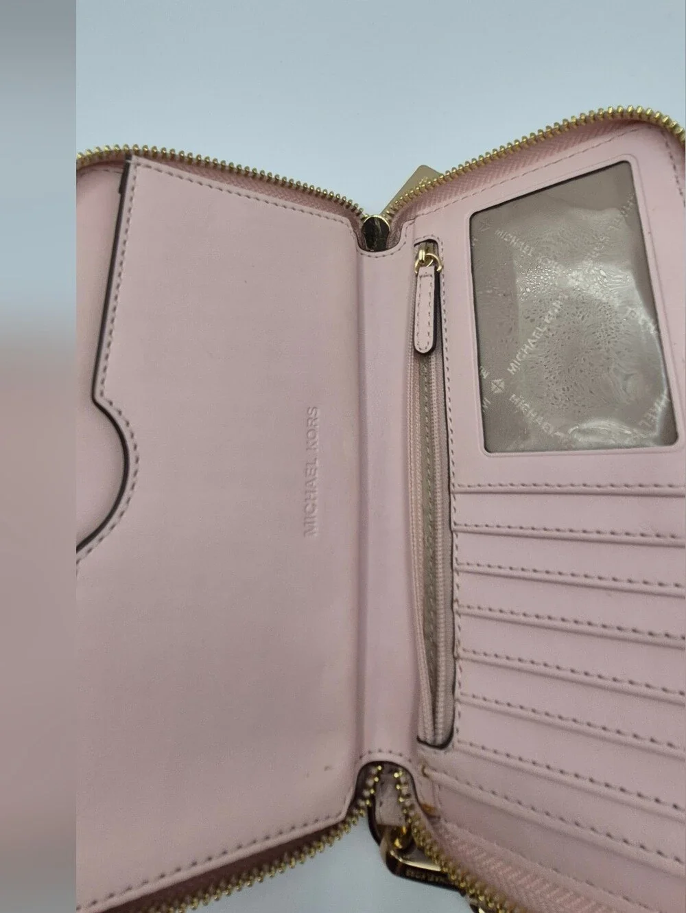 Michael Kors Pale Pink Pebbled Leather Wristlet Zip Wallet with Gold Hardware
